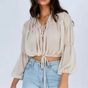 Lioness Women’s Sheer Cream Victorian Bubble Tie Front Blouse Top size Small